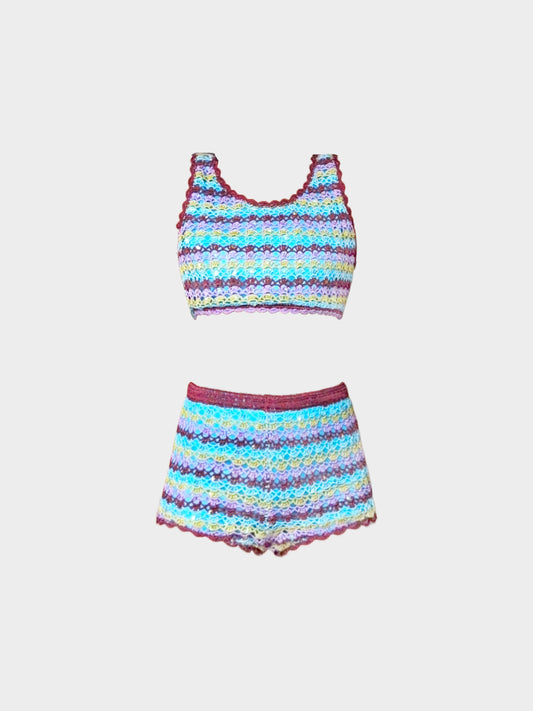 Missoni Late 2000s Multicolored Crochet Cropped Top and Shorts Set