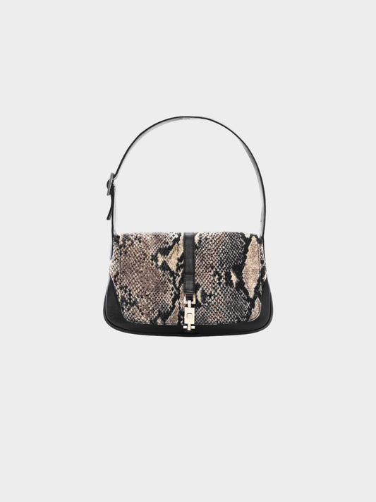 Gucci 2000s Black Python Print Canvas Jackie Hobo Bag