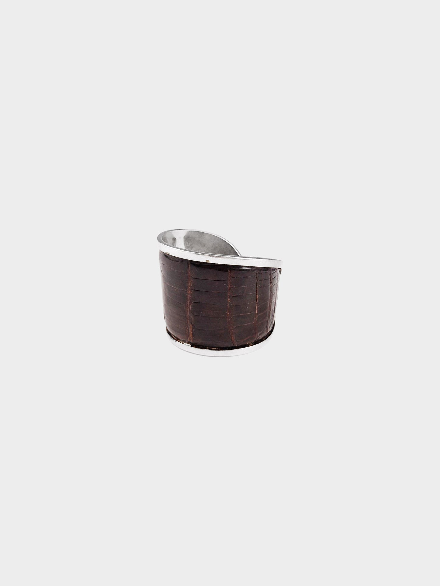 Yves Saint Laurent 1990s Silver and Brown Croc Leather Open Cuff Bracelet