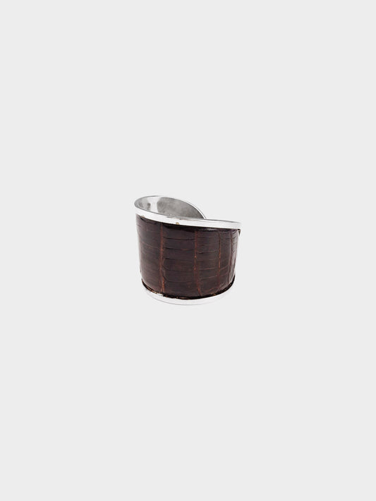 Yves Saint Laurent 1990s Silver and Brown Croc Leather Open Cuff Bracelet