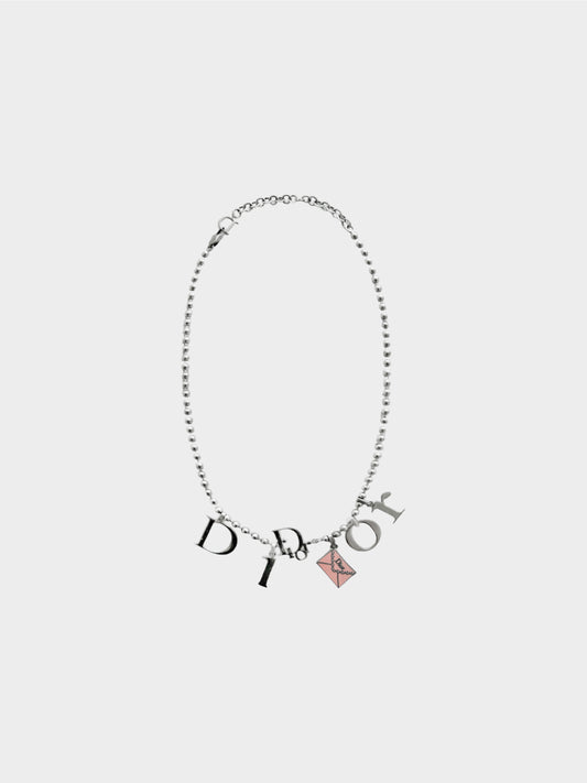 Christian Dior 2000s Silver Spell Out and Envelope Motif Necklace