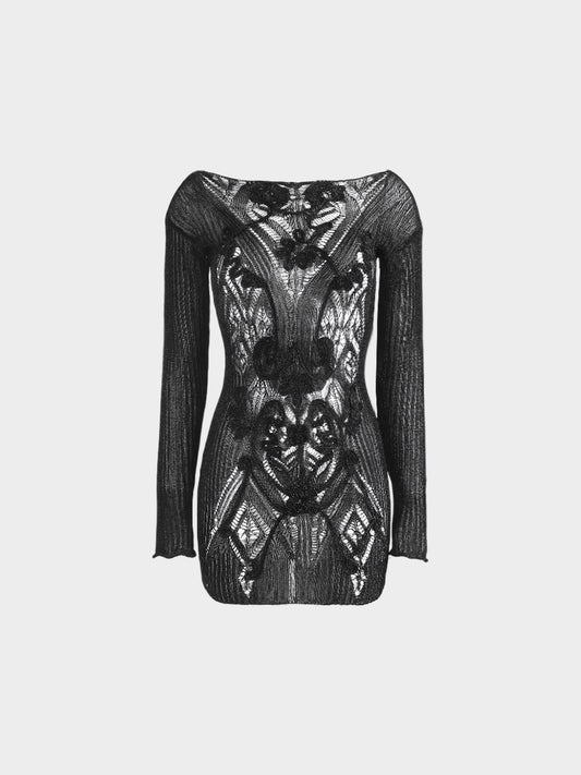 Jean Paul Gaultier 2000s Black Micro Cutout Knitted Mini Long Sleeved Dress