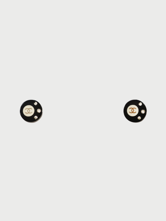 Chanel 2008 Black Gold Plastic Plated Metal Rhinestone COCO Round Earrings
