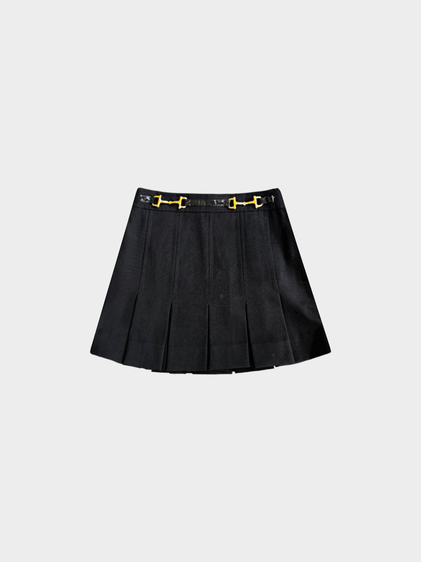 Celine 1990s Black Pleated Horsebit Mini Skirt