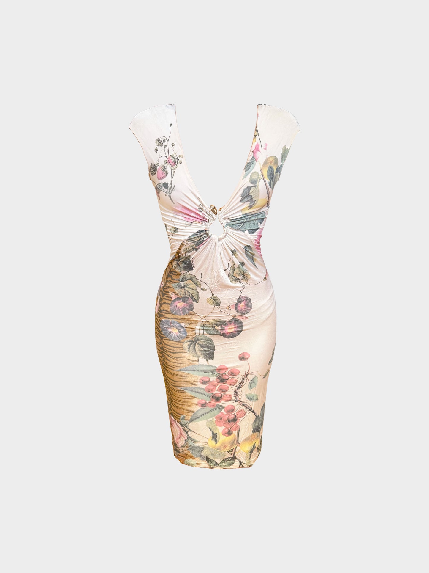 Roberto Cavalli 2000s Multicolor Floral Print Silk Bodycon Dress with Snake Motif