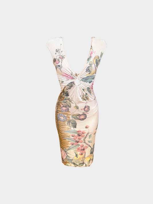 Roberto Cavalli 2000s Multicolor Floral Print Silk Bodycon Dress with Snake Motif
