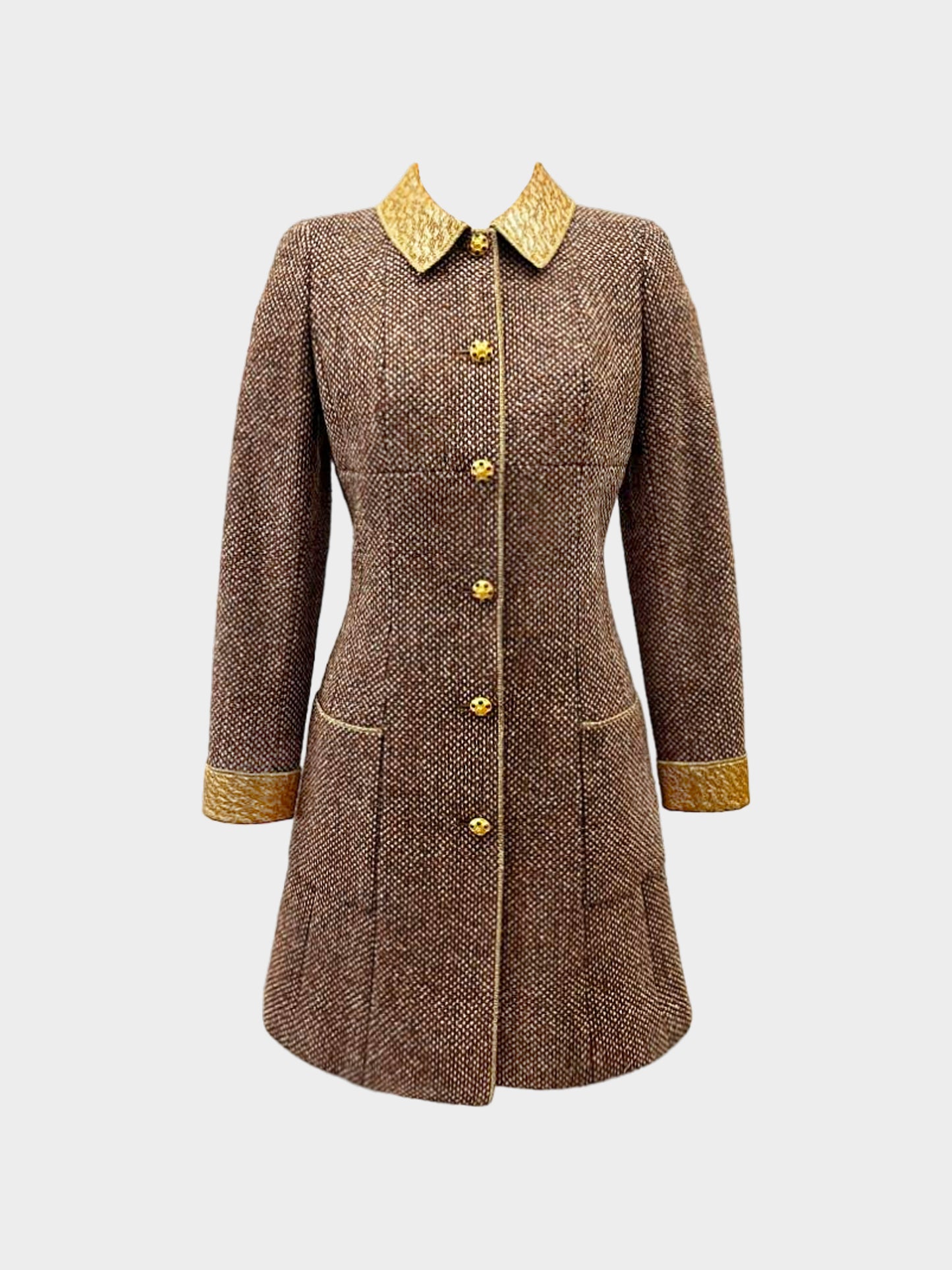 Chanel 1996 Brown Tweed Coat with Gold Brocade Trim