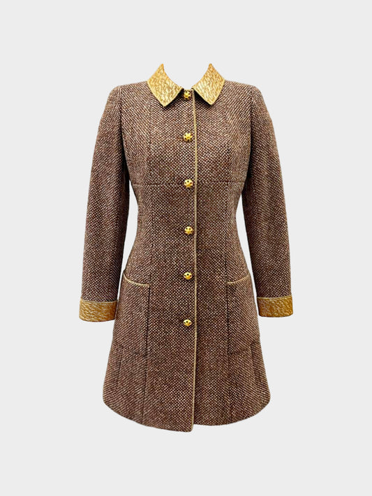 Chanel 1996 Brown Tweed Coat with Gold Brocade Trim