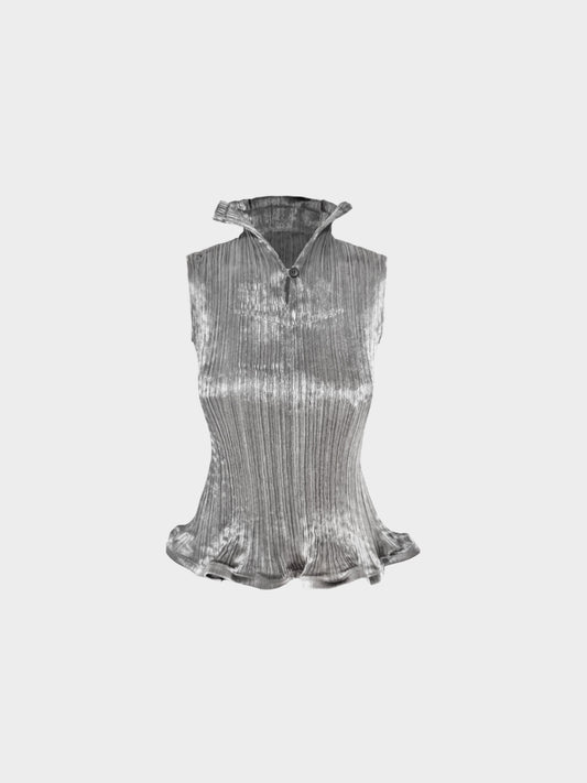 Issey Miyake 2000s Metallic Silver Pleated Stand-collar Sleeveless Top