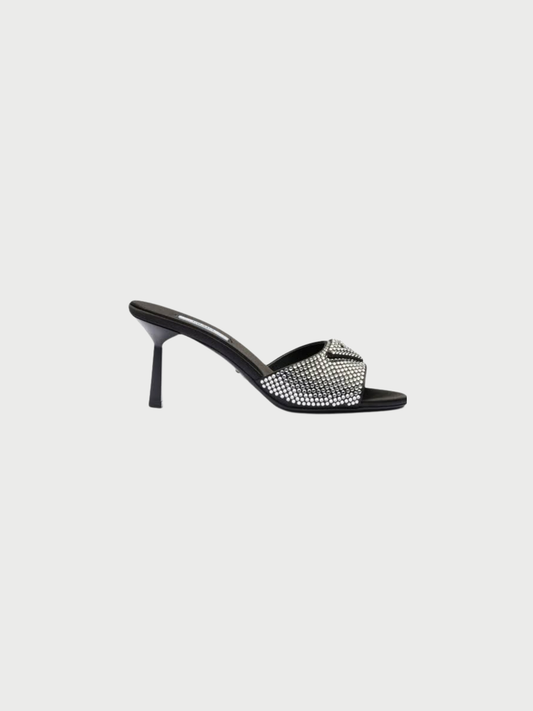 Prada 2020s Black Satin Crystal Triangle Logo Mules