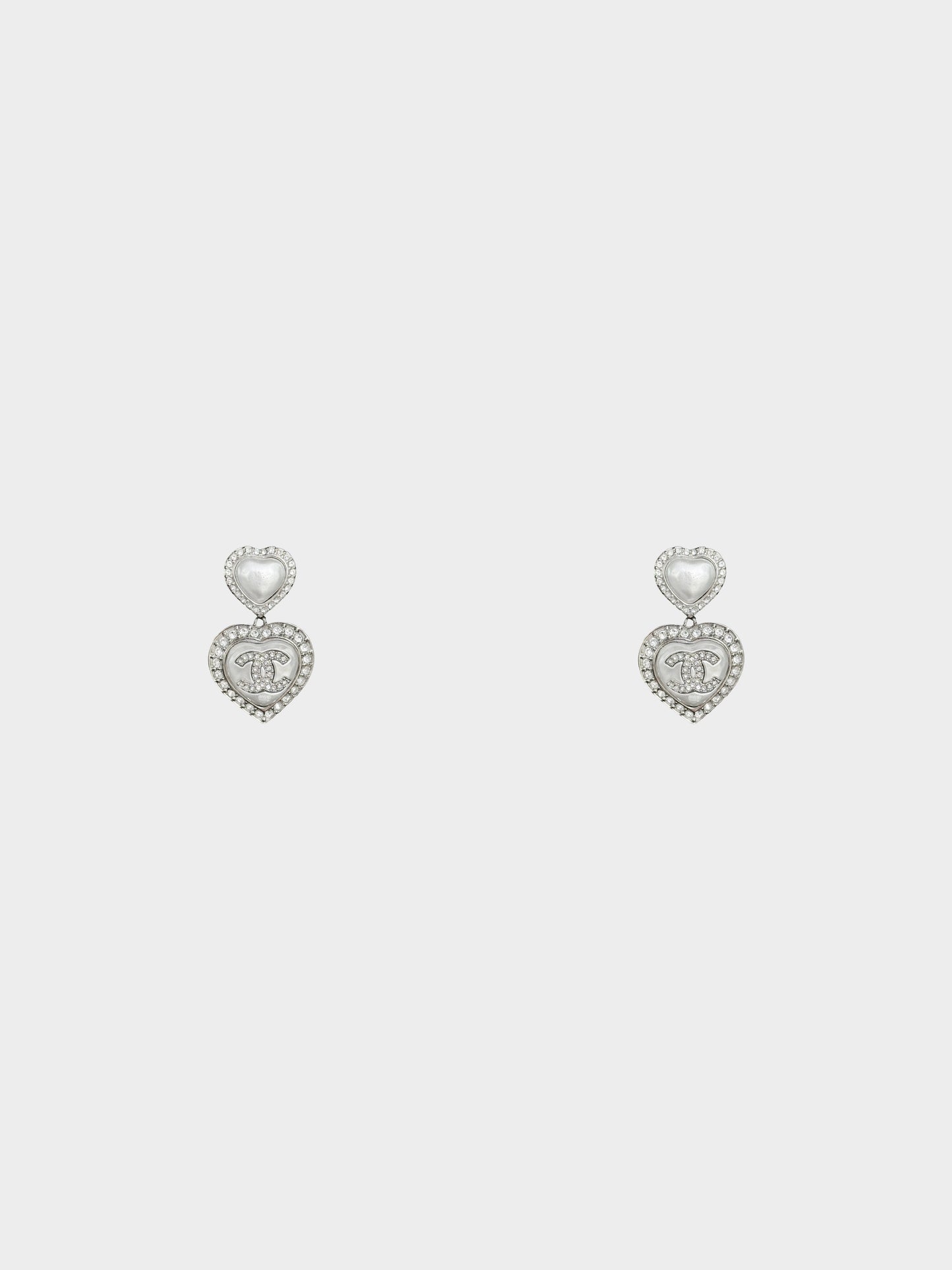 Chanel 2023 Silver CC Rhinestone and Pearl Heart Swing Earrings