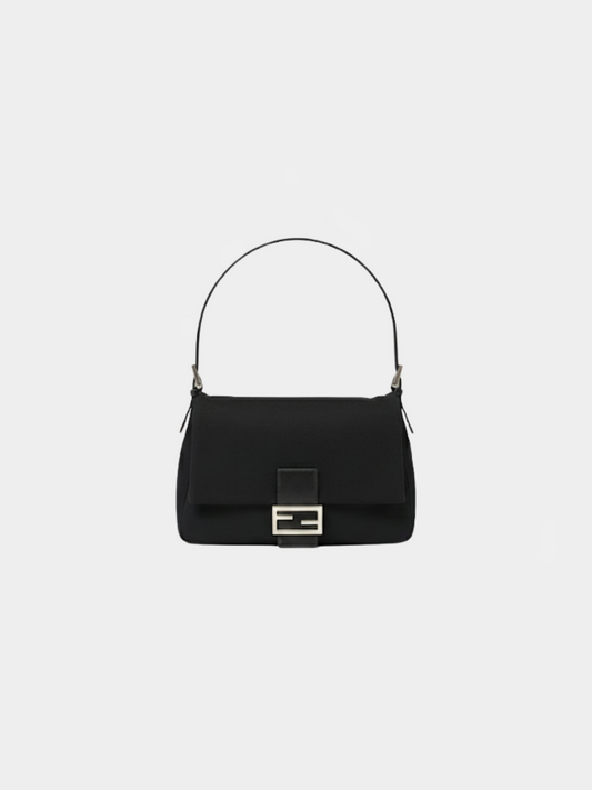 Fendi 1990s Black Wool and Leather Mamma Baguette