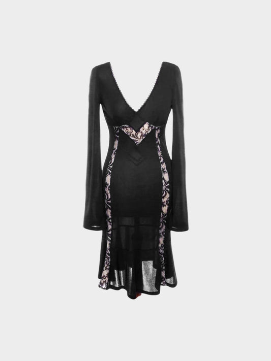 Dolce and Gabbana 2000s Black Lace Panel Long-Sleeved Dress