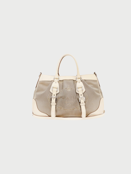 Prada 2000s Beige White Jacquard Leather Logo 2Way Handbag