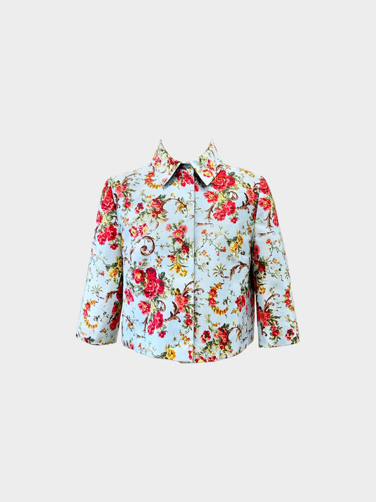 Dolce and Gabbana 2010s Blue Floral Print Silk Cropped Jacket