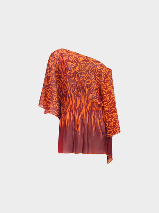 Jean Paul Gaultier 2000s Paisley Print Asymmetrical Off Shoulder Mesh Top
