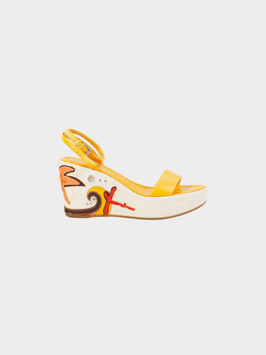 Prada 2000s Yellow Beach Theme Appliqué Espadrille Platform Wedge Sandals