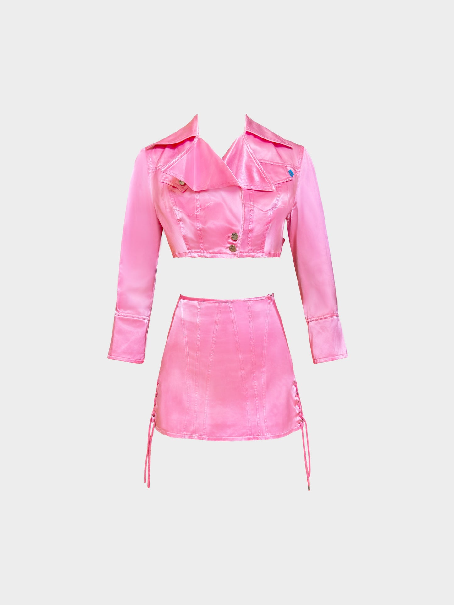 Christian Lacroix 1990s Pink Satin Cropped Jacket and Skirt Set