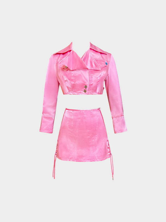 Christian Lacroix 1990s Pink Satin Cropped Jacket and Skirt Set