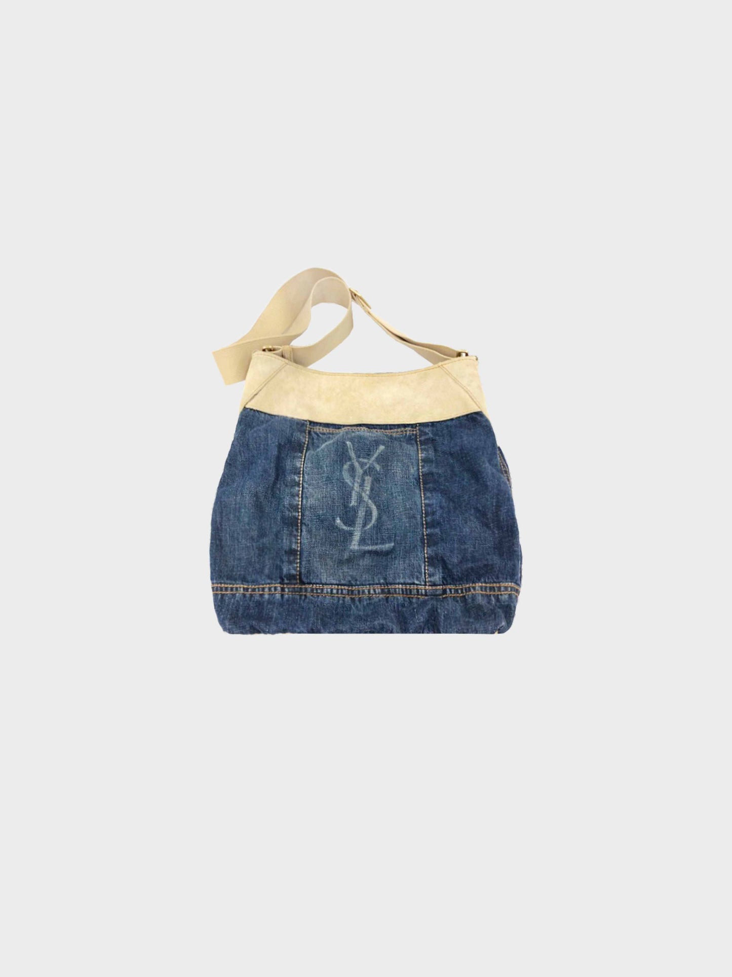Yves Saint Laurent 1990s Denim and Beige Suede Shoulder Bag