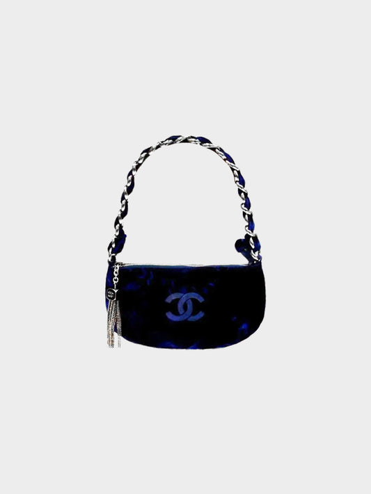 Chanel 2000s Midnight Blue Velvet CC-embossed Evening Bag