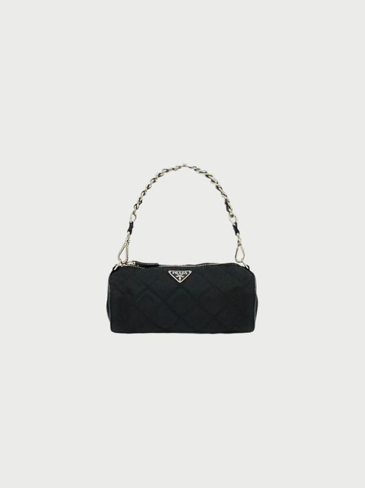 Prada 2000s Black Quilted Nylon Chain Handbag with Triangle Logo Plaque