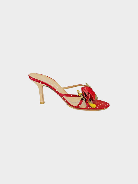 Valentino 2000s Red and White Polka Dot Floral Heels