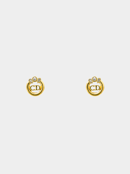 Christian Dior 2000s Gold CD Rhinestone Clip-on Earrings