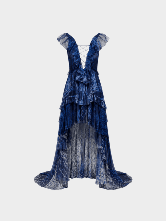 Emilio Pucci SS 2011 Blue Pleated Chiffon Ruffle Gown