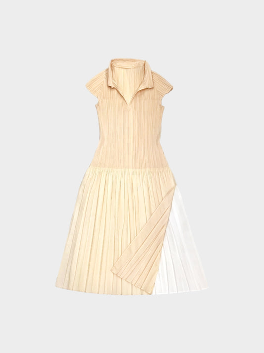 Issey Miyake Spring 2004 White Label Beige Pleated Dress