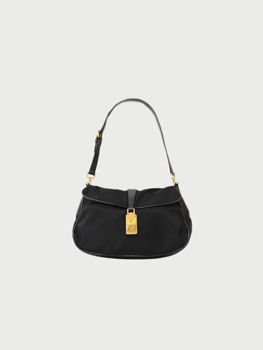Prada 2000s Black Nylon Leather Triangle Logo One-Shoulder Bag