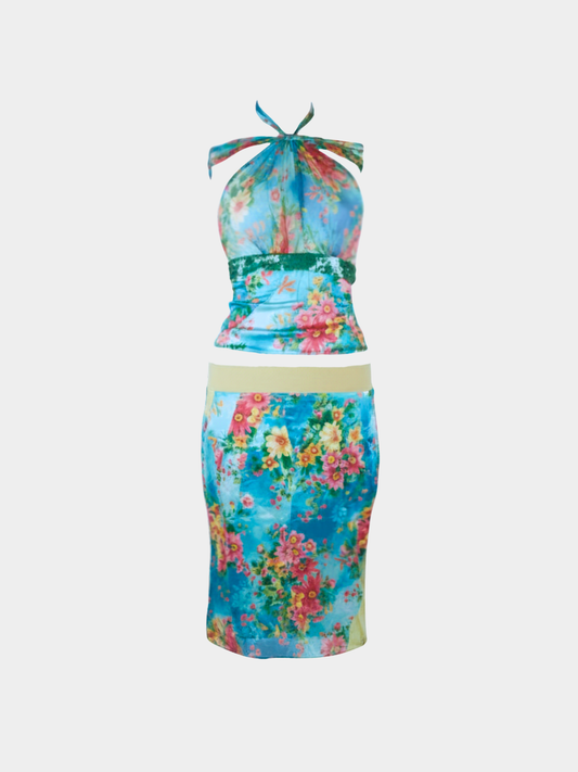 Dolce & Gabbana 2000s Blue Floral Halter Top & Skirt Set