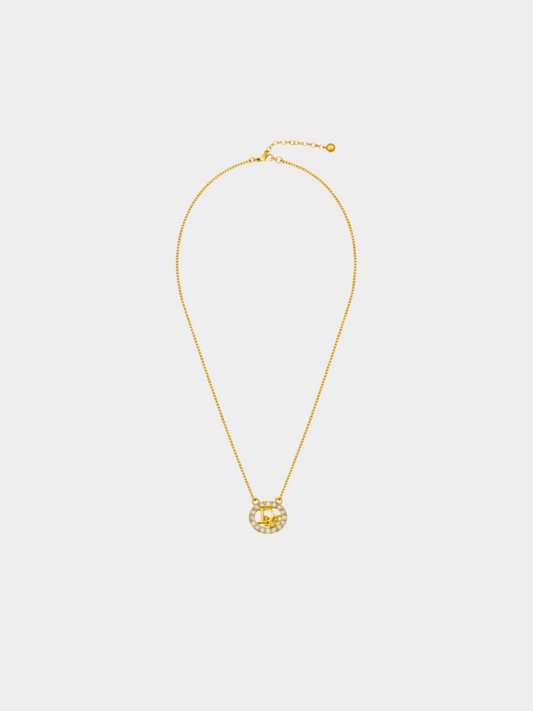 Christian Dior 2000s Gold Logo Round Rhinestone Necklace