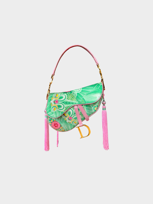 Christian Dior 2003 Green Floral and Koi Print Saddle Bag with Tassels