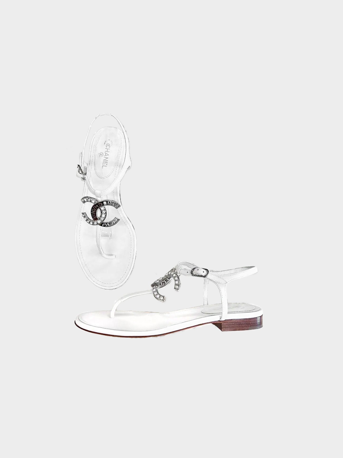 Chanel 2010s White Leather Silver CC Thong Sandals