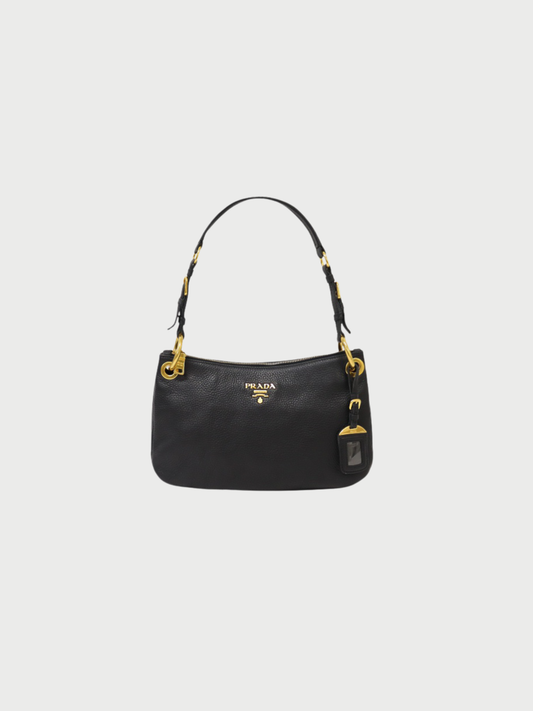 Prada 2010s Black Vitello Phenix Leather Logo Hardware One Shoulder Bag
