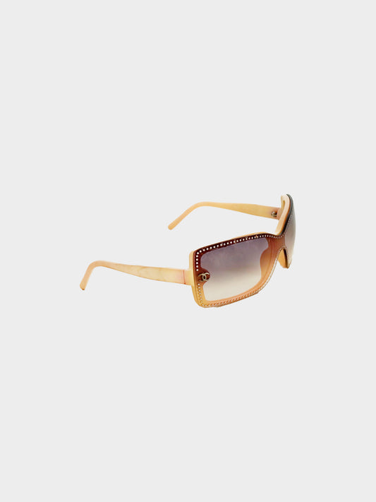 Chanel Early 2000s Pastel Orange Rhinestone CC Rimless Sunglasses