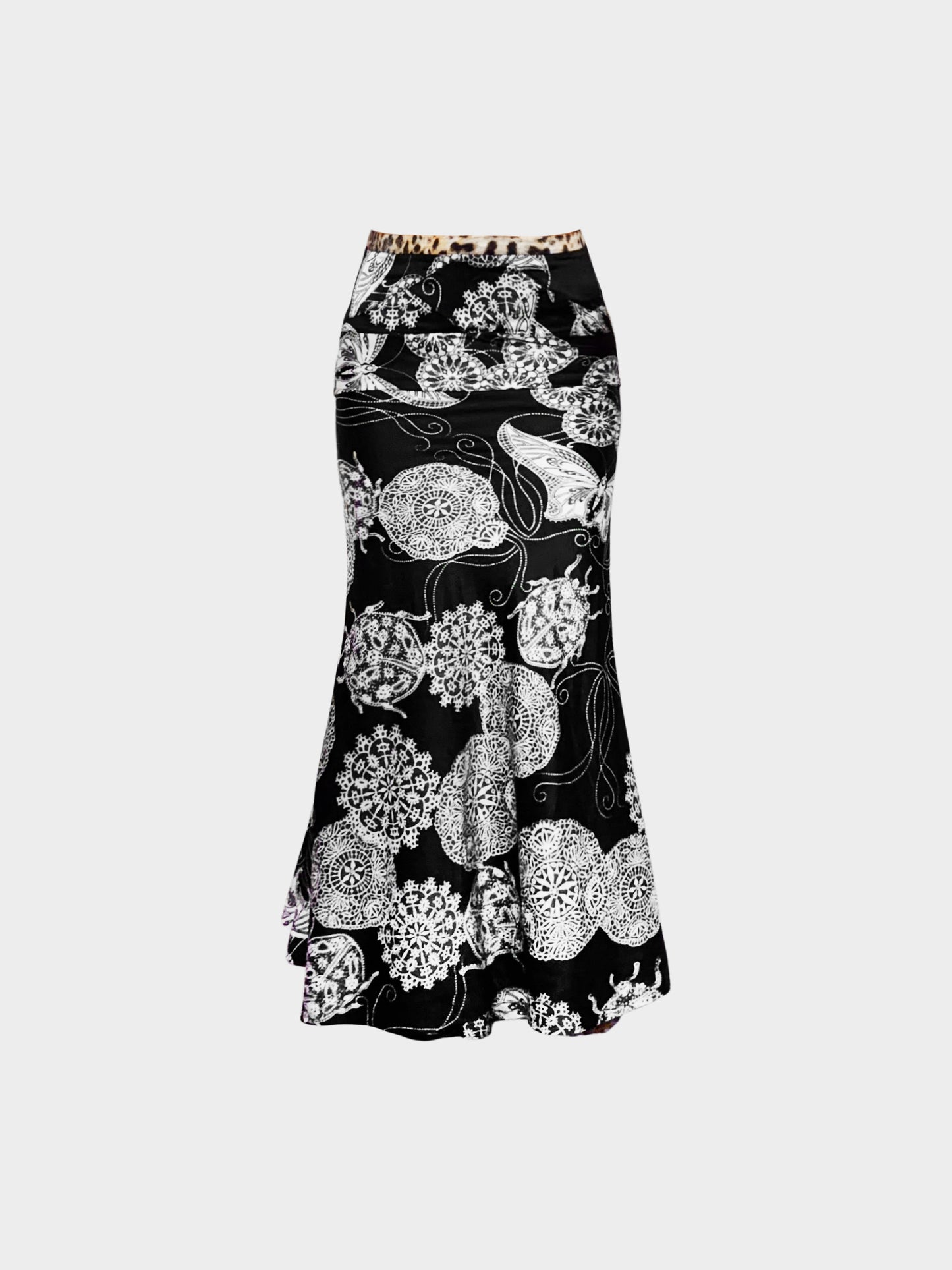 Roberto Cavalli 2000s Just Cavalli Black and White Floral and Butterfly Print Maxi Skirt