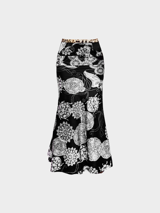 Roberto Cavalli 2000s Just Cavalli Black and White Floral and Butterfly Print Maxi Skirt