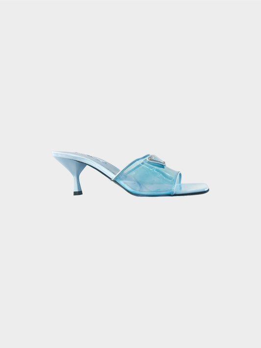Prada FW 2022 Blue Leather-trimmed PVC Heeled Mules
