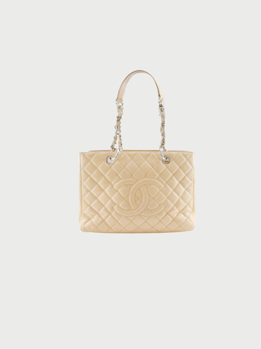 Chanel 2010s Beige Caviar Leather Grand Shopping Tote Bag
