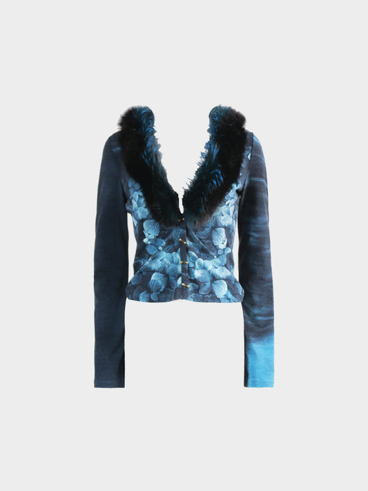 Roberto Cavalli 2000 Rare Metallic Blue Hydrangea Print Long Sleeve Top With Fur Collar