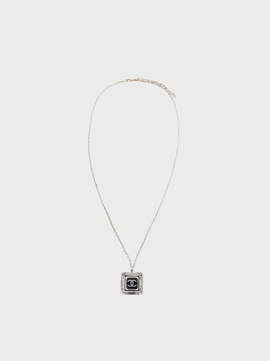 Chanel 2006 Silver Black Plated Metal Plastic COCO Square Necklace