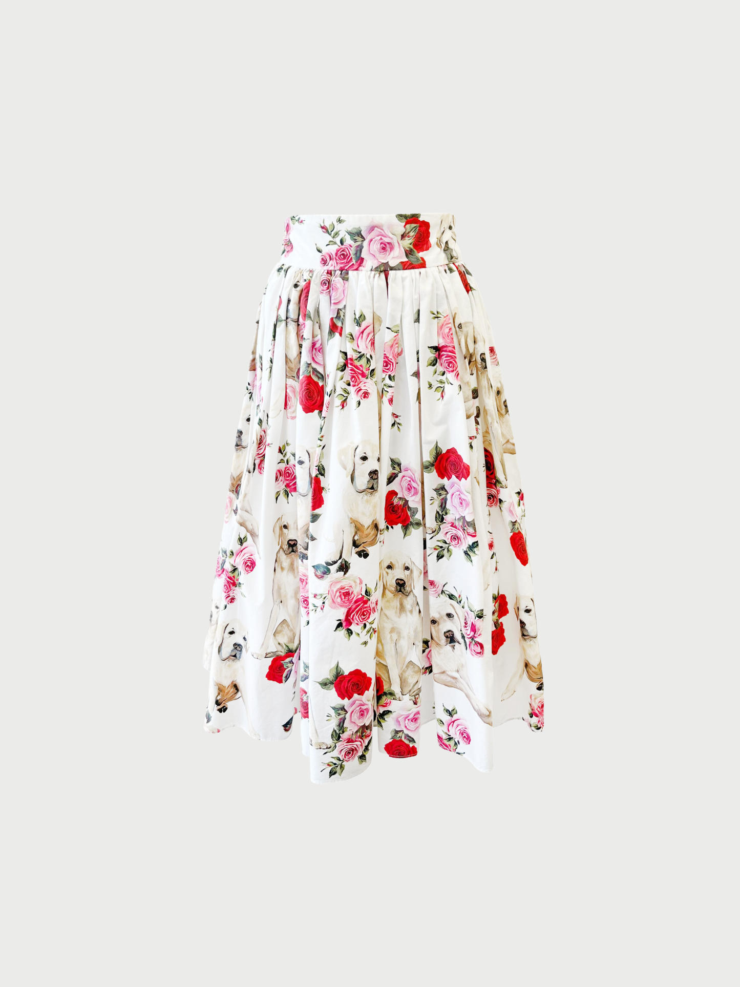 Dolce & Gabbana 2020s White Cotton Labrador Rose Print Full Skirt