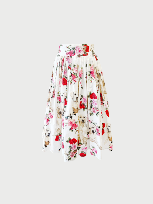 Dolce & Gabbana 2020s White Cotton Labrador Rose Print Full Skirt