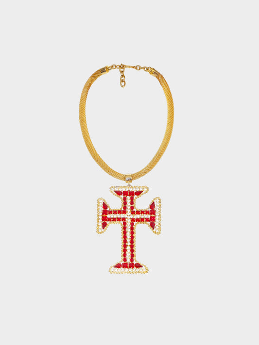 Gianni Versace 1991 Red and Gold Gilt Metal Cross Necklace