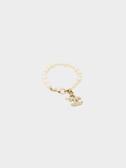Chanel 2000s Gold White COCO Rhinestone Pearl Bracelet