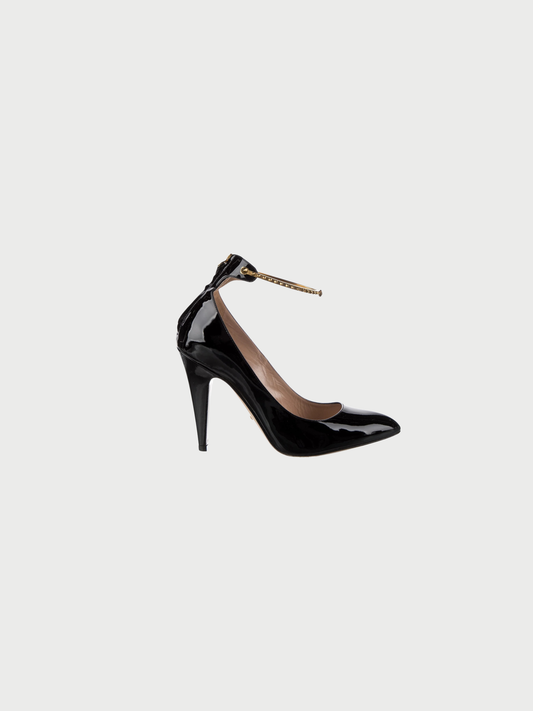 Gucci 2010s Black Patent Leather Studded Ankle Strap Heels