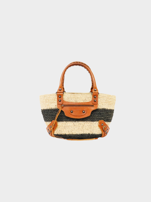 Balenciaga 2020s Black Beige Raffia Leather Tote Bag