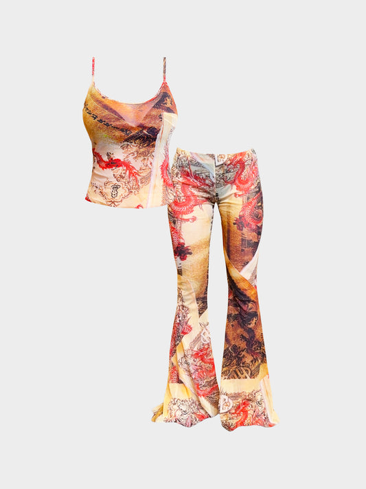 Roberto Cavalli 2020s Oriental Dragon Printed Top and Pants Set